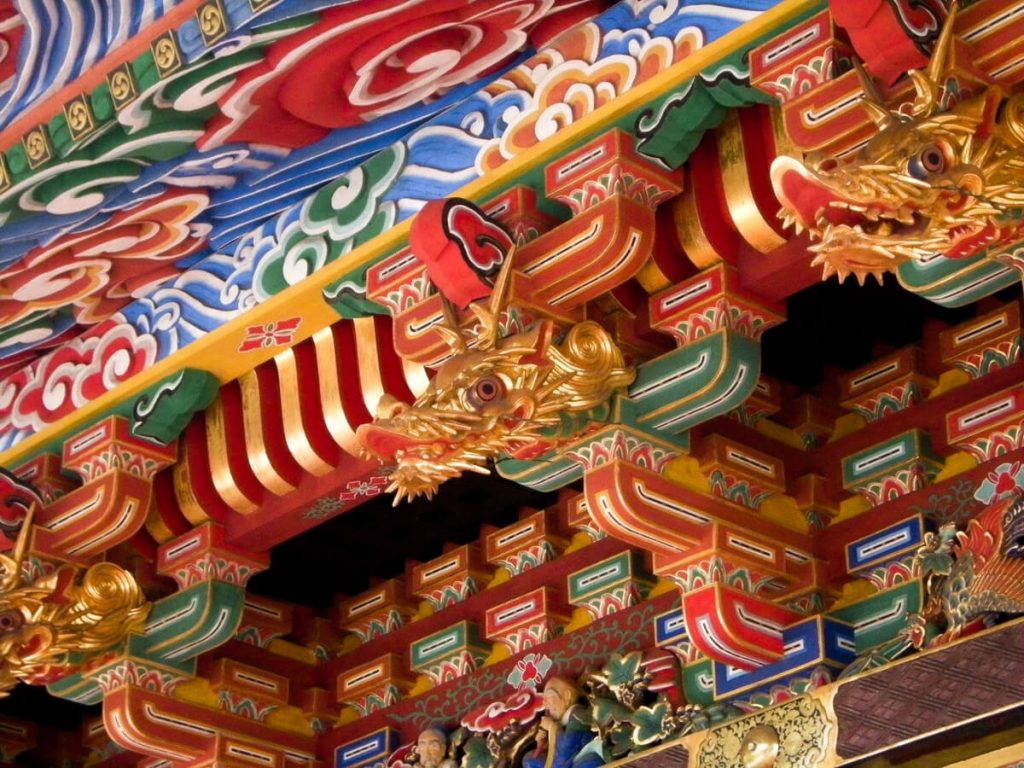 Close-up on the three-story pagoda structure of Narita san Shinsho-ji temple